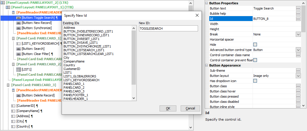 Changing the ID for a control using the Specify New Id
dialog.